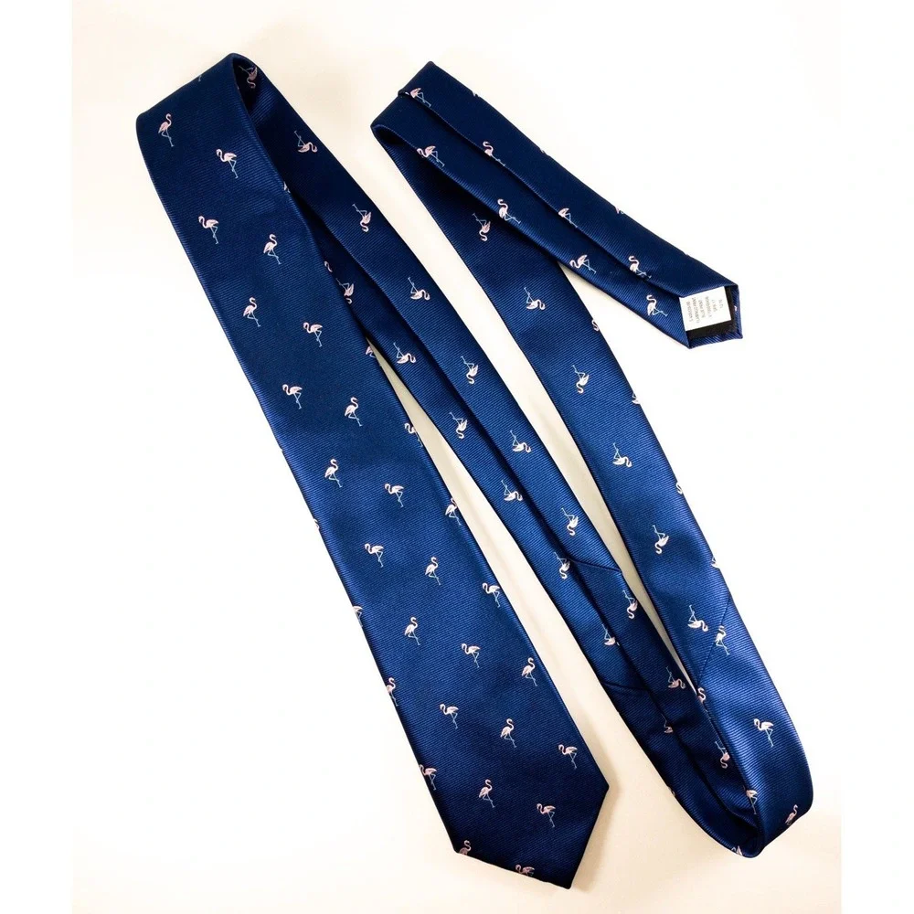 Banana Republic Silk Tie, Navy Repp Tie Embroidered Pink Flamingos, Modern 3x59
